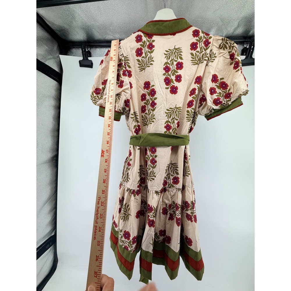 Entro Floral Cotton Mini Dress Green Trim Puff Sleeve Tiered Boho D28297 Small - Picture 2 of 6